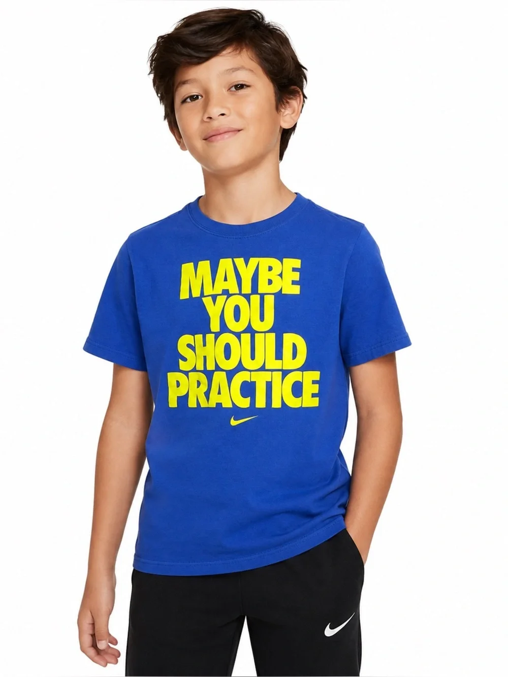 NIKE Boys Maybe You Should Practice Graphic T Shirt Blue Yellow Youth M